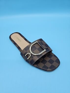 Brown Checkered Slide Mule with Gold Buckle